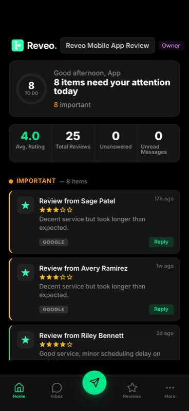 Reveo mobile app — home dashboard showing reviews that need attention