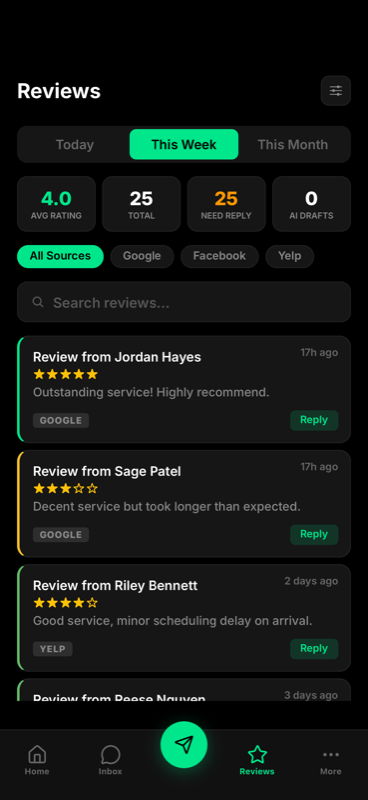 Reveo mobile app — reviews screen with star ratings and one-tap replies
