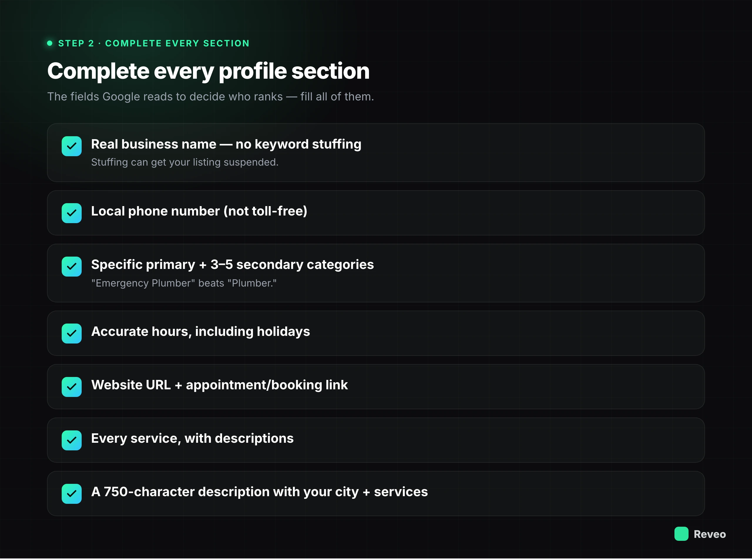 Complete every Google Business Profile section: real business name, local phone, specific categories, accurate hours, website and booking link, services, 750-character description