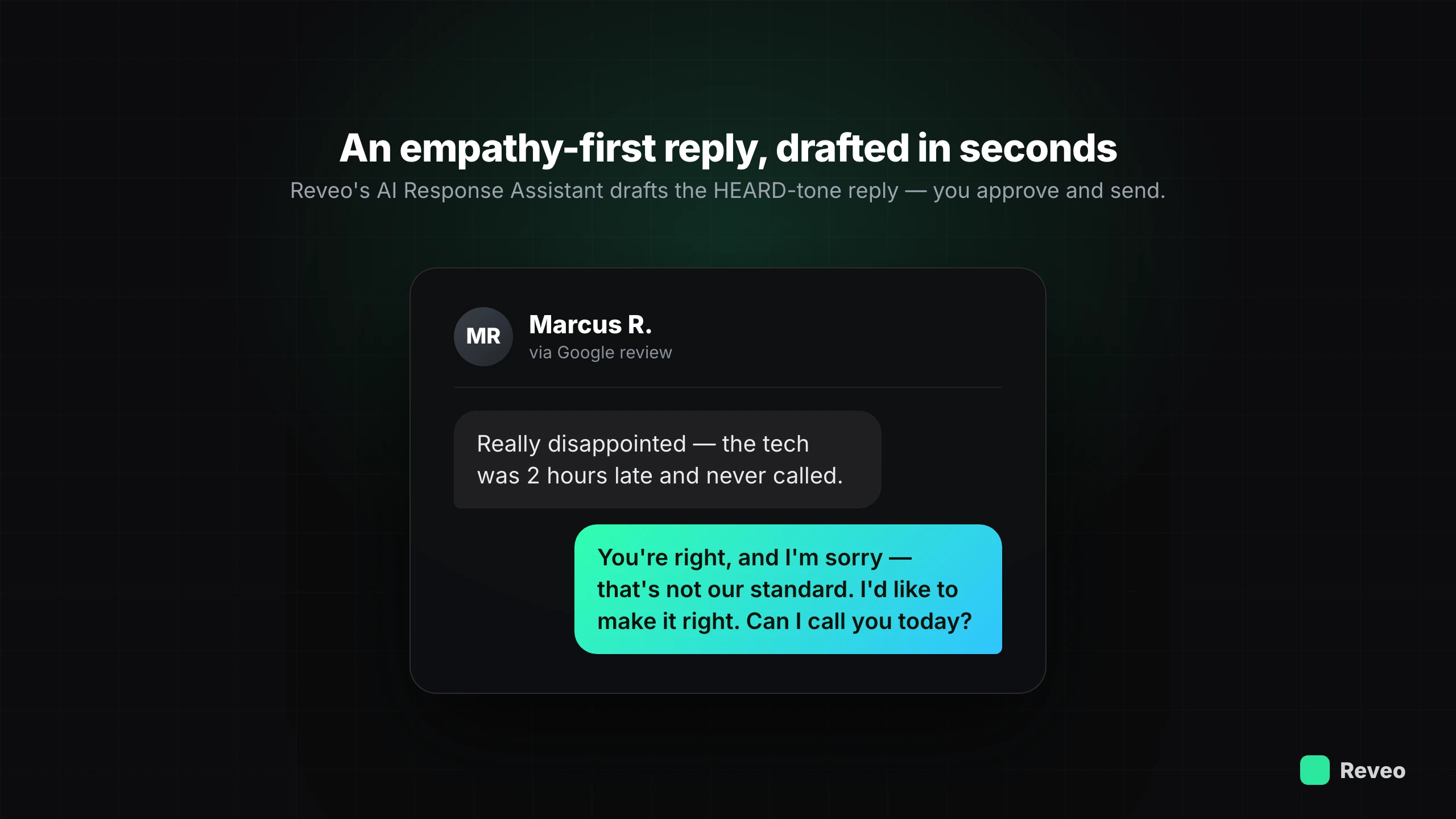 An empathy-first reply to a negative Google review, drafted by Reveo's AI Response Assistant