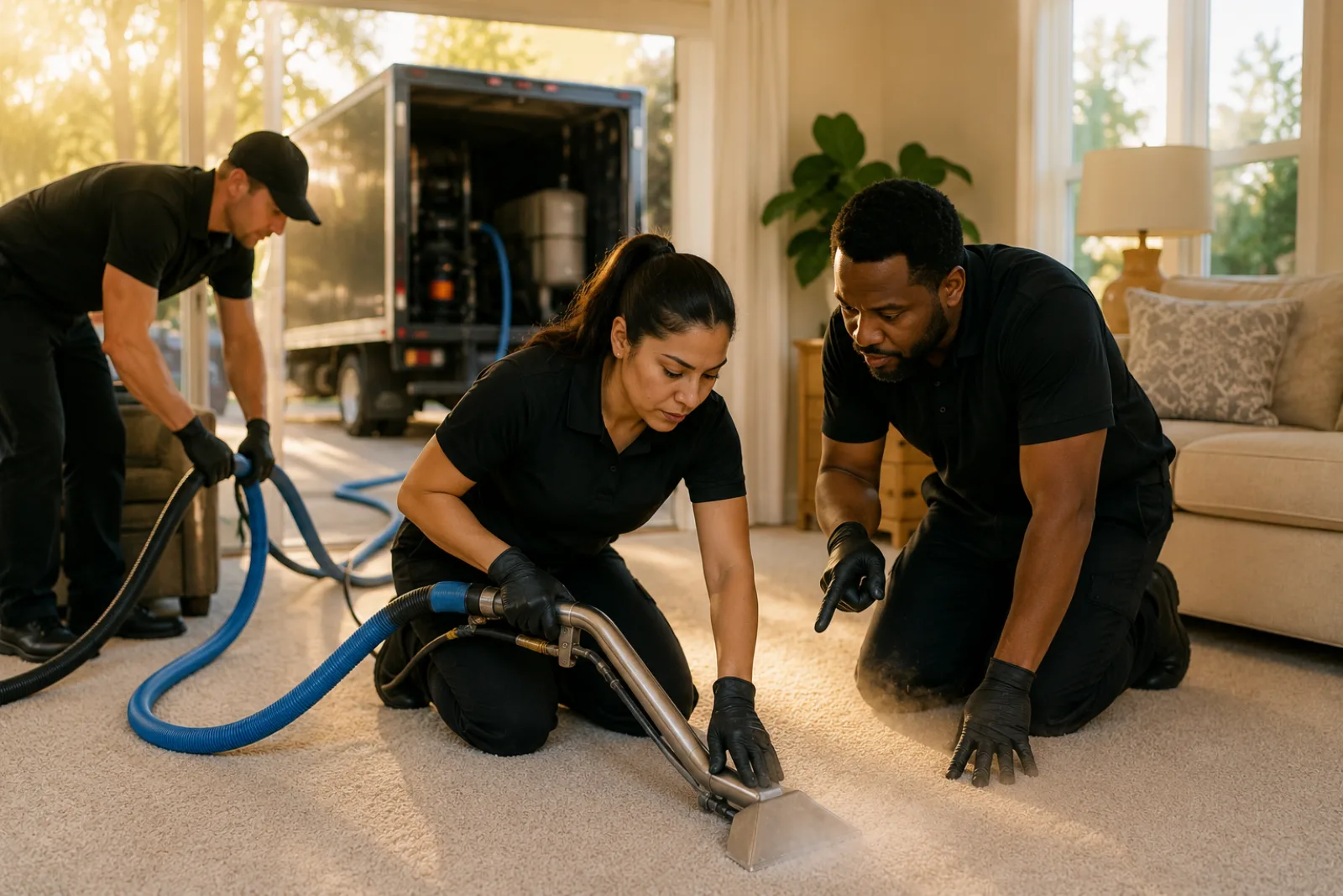 Carpet cleaning technician with a satisfied homeowner — Reveo